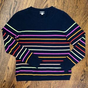 J. Crew Navy Crewneck Sweater with Bright Multi-Stripes
